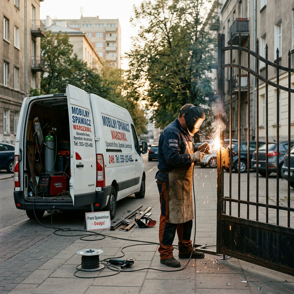 Welder using a torch to repair a metal gate on a sidewalk next to a work van